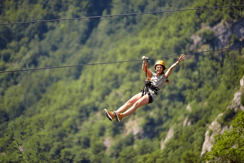 A young lady enjoys a zip line in the Poconos.