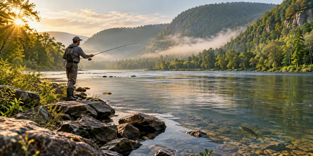 Angler fishing in the Delaware River surrounded by the forested Delaware Water Gap