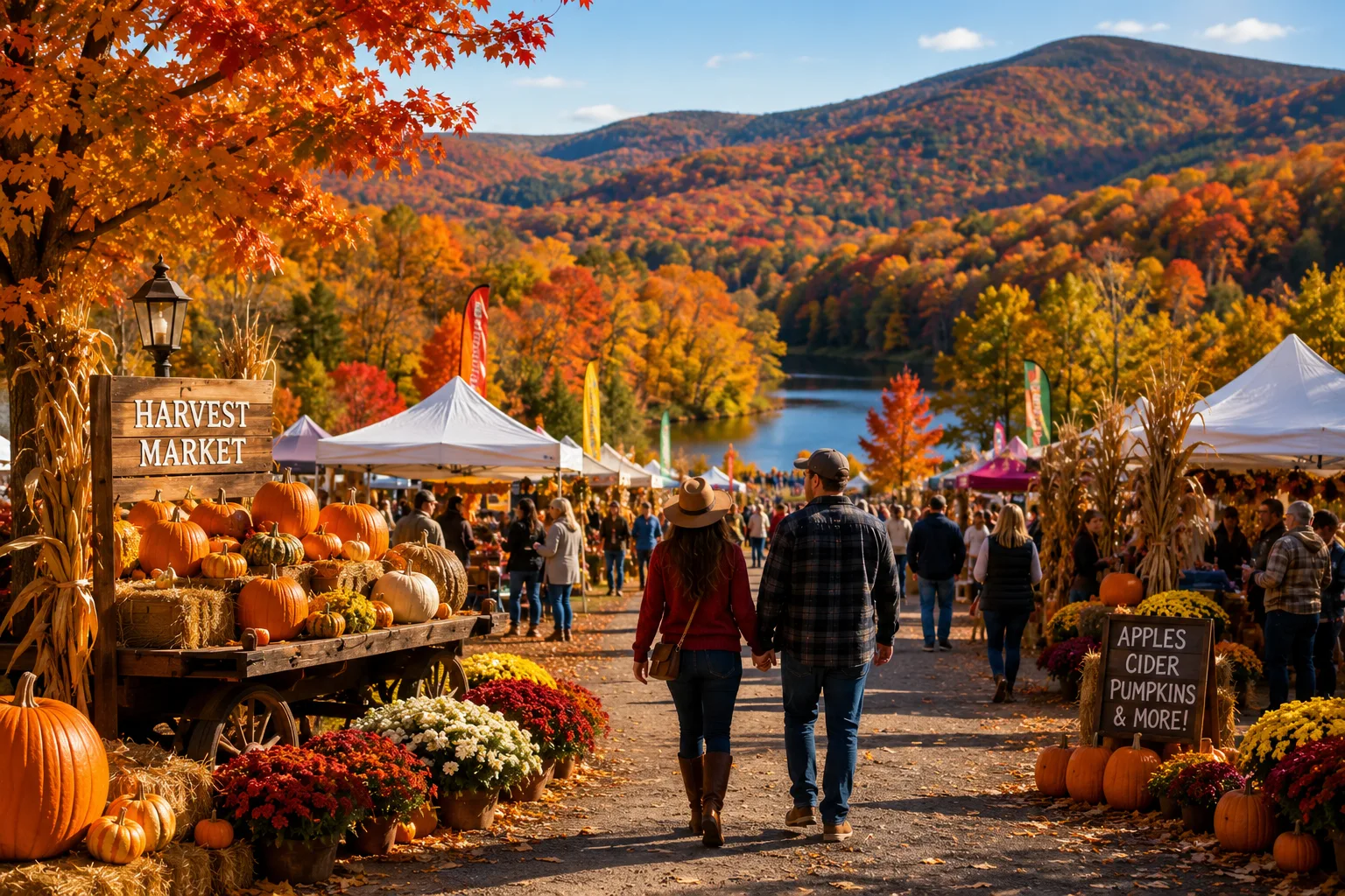Fall festival in the Poconos with pumpkins, autumn foliage, and mountain scenery