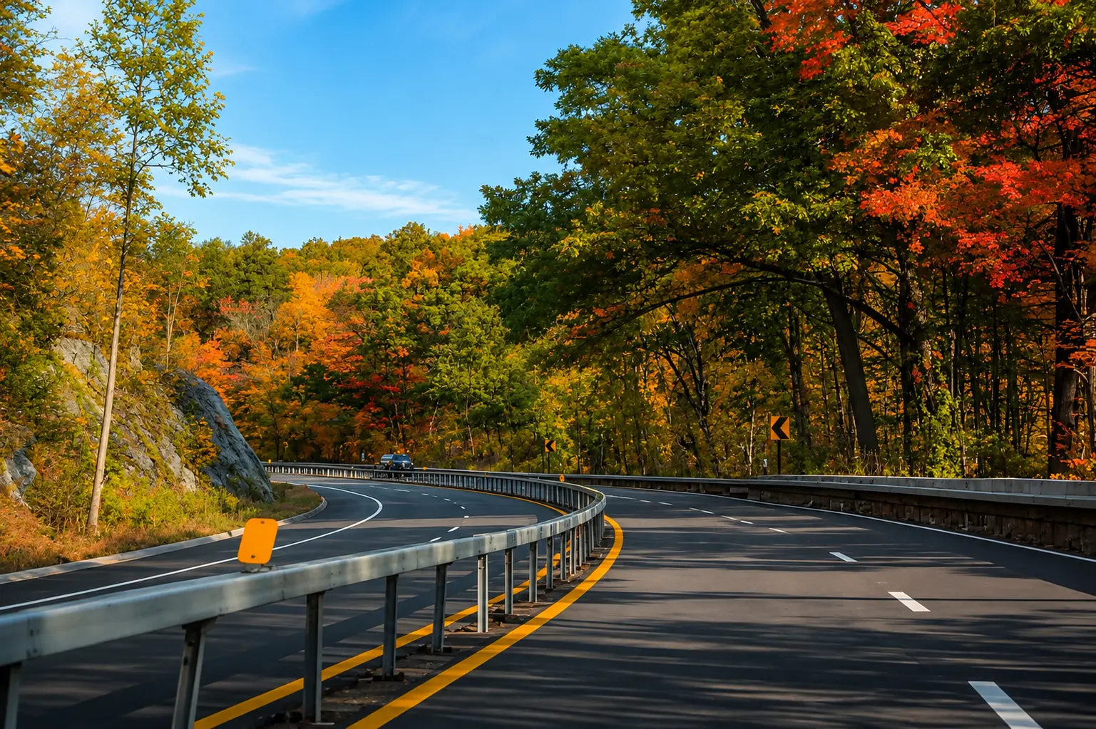 Scenic fall road through colorful autumn forests in the Poconos