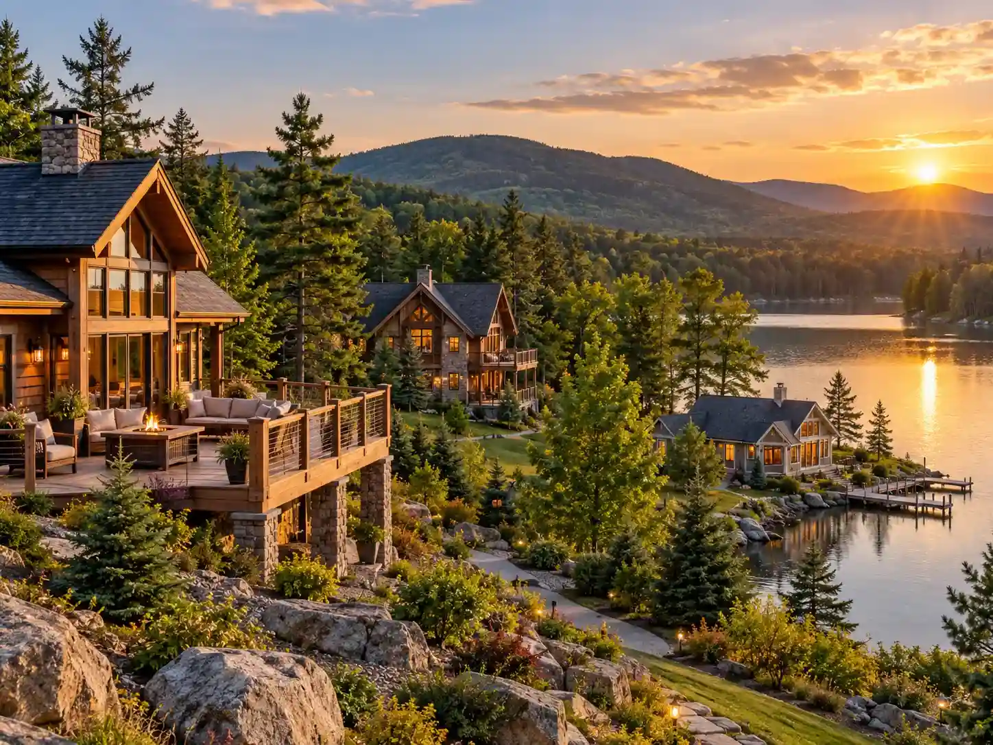Illustration of lakeside vacation cabins surrounded by pine trees and forested hills at sunset.