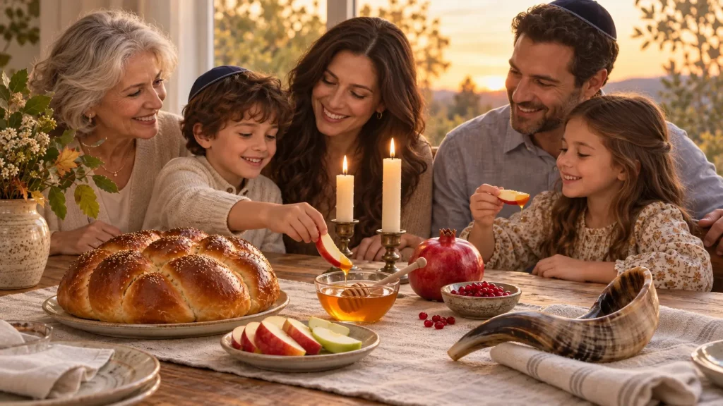 Jewish family celebrating Rosh Hashanah with apples, honey, challah, candles and a shofar