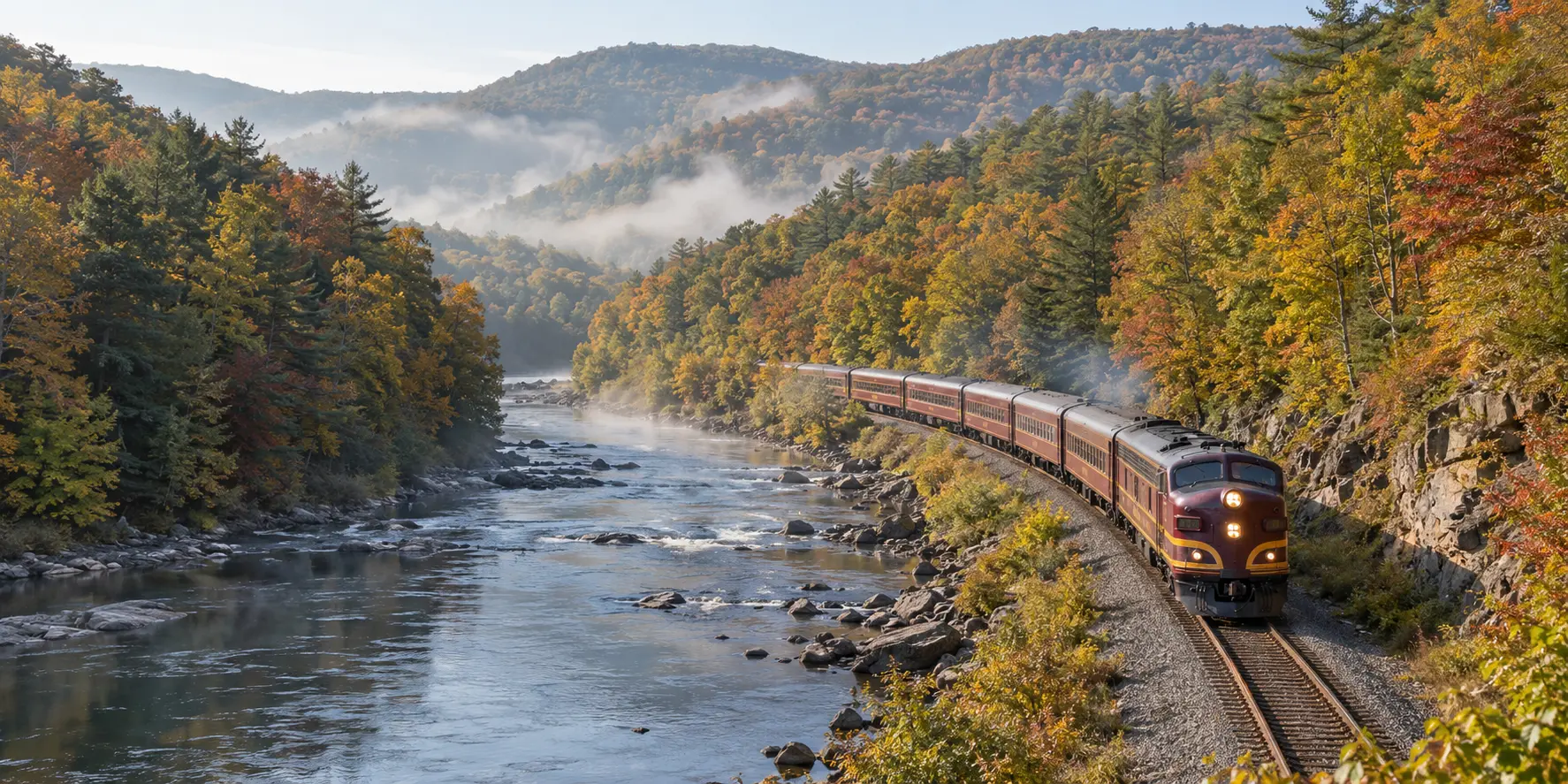 Heritage passenger train travelling through the Pocono Mountains beside a rocky river during autumn