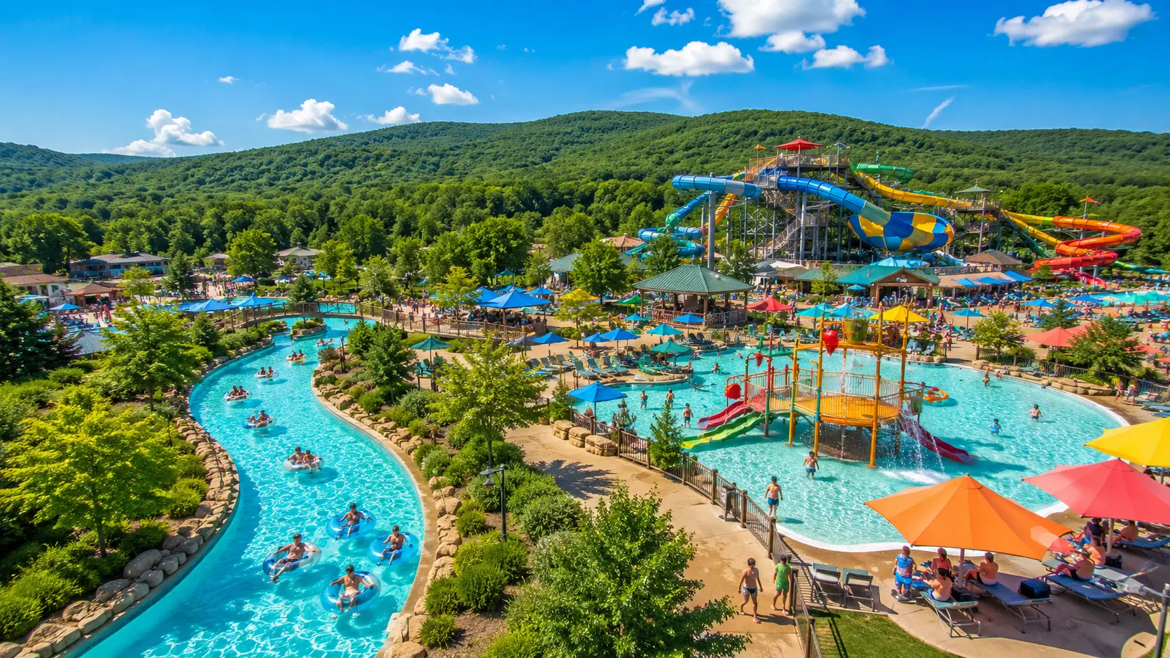 Best waterparks to visit in the Poconos this summer with colorful slides, lazy river, pools, and mountain views