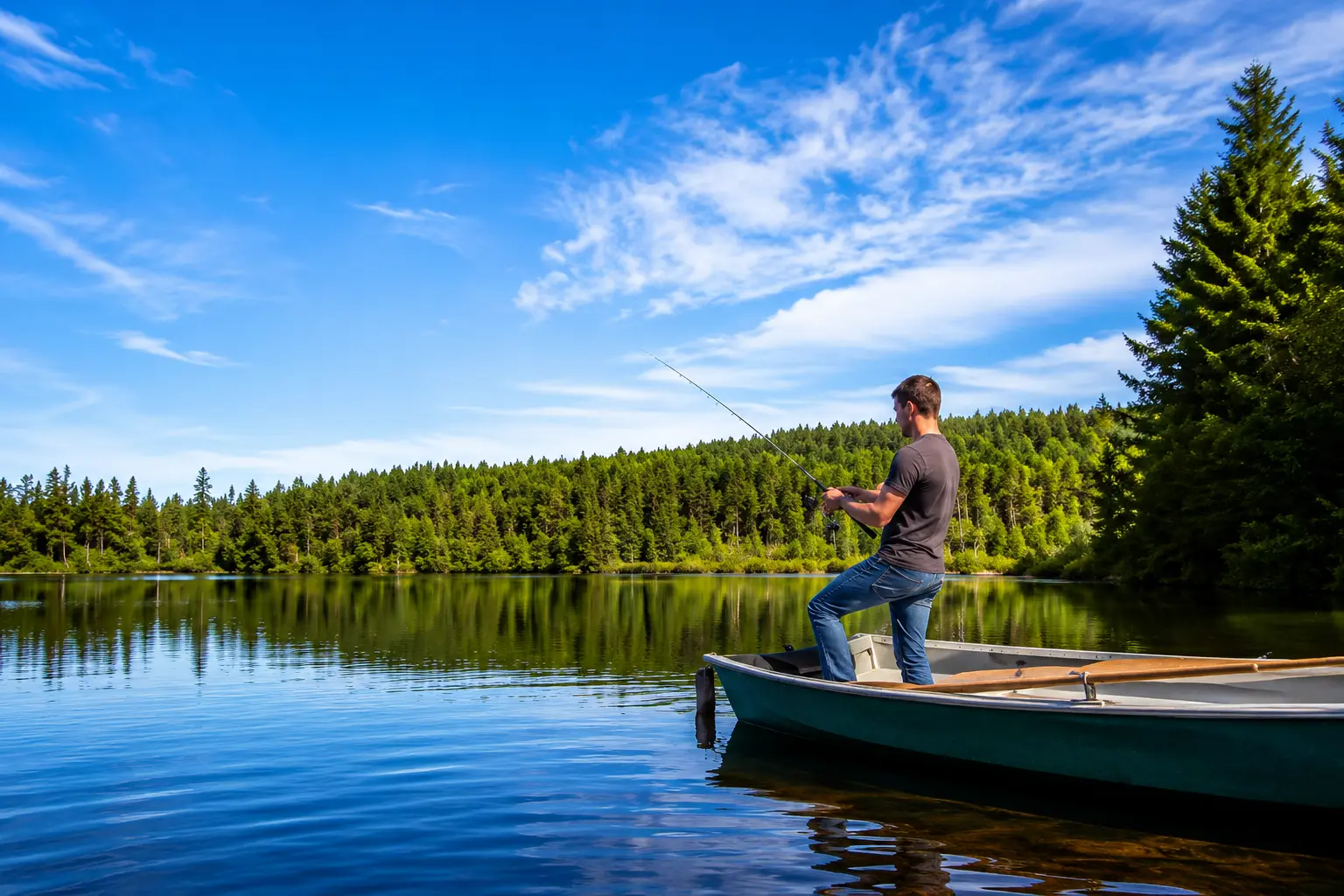 Man fishing on Torch Lake surrounded by forest under a clear blue sky.