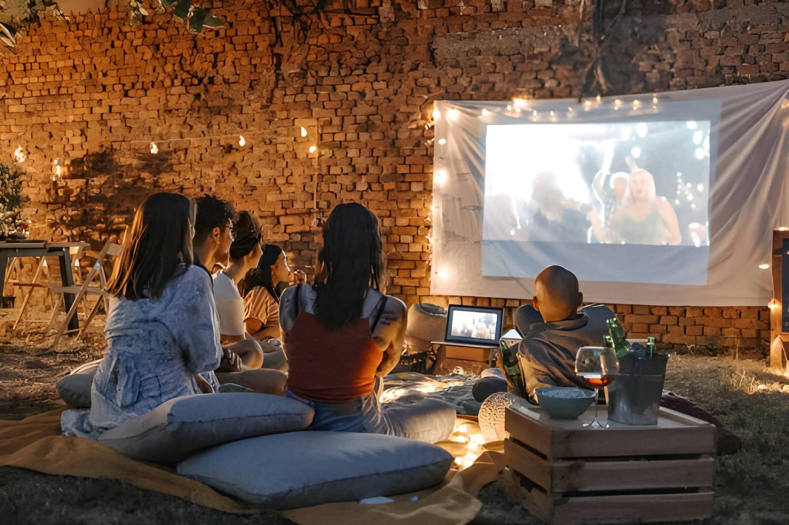 A group of friends watching a movie together on their prom night