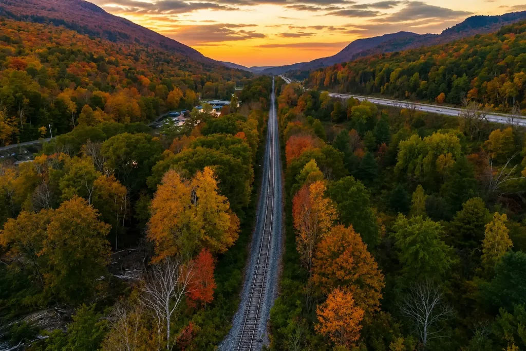 How to travel to Poconos Mountains from New York with a scenic autumn mountain and railroad view