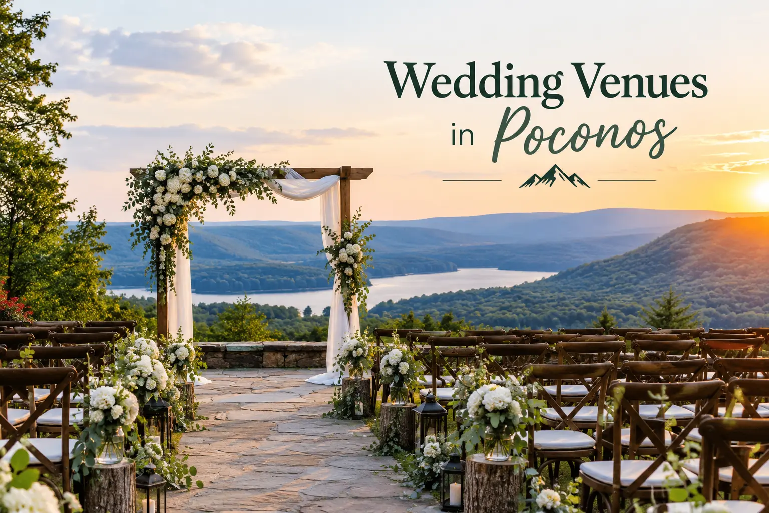 Romantic outdoor wedding venue in the Poconos with mountain views and floral decorations.