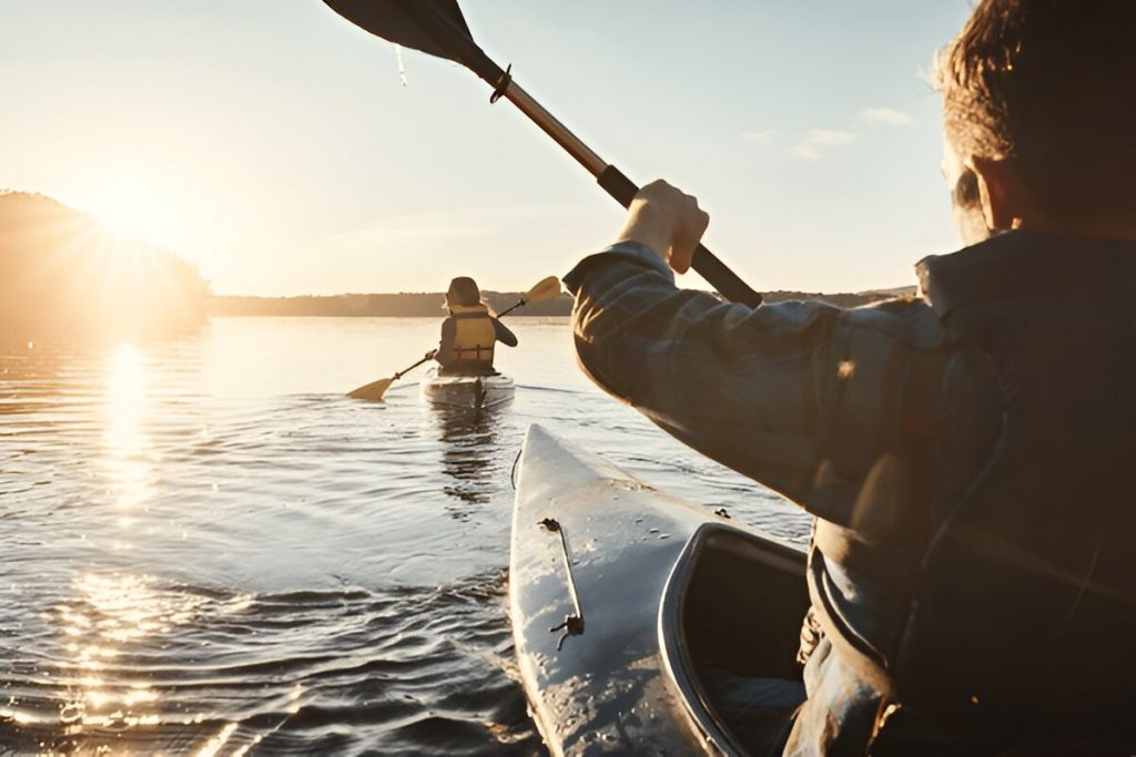 A couple enjoying kayaking in the clear waters of the Poconos
