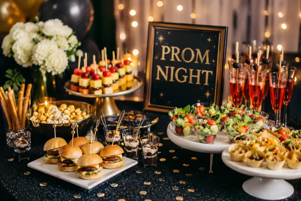 Delicious party food spread at a prom night celebration on prom night people enjoying finger foods and desserts
