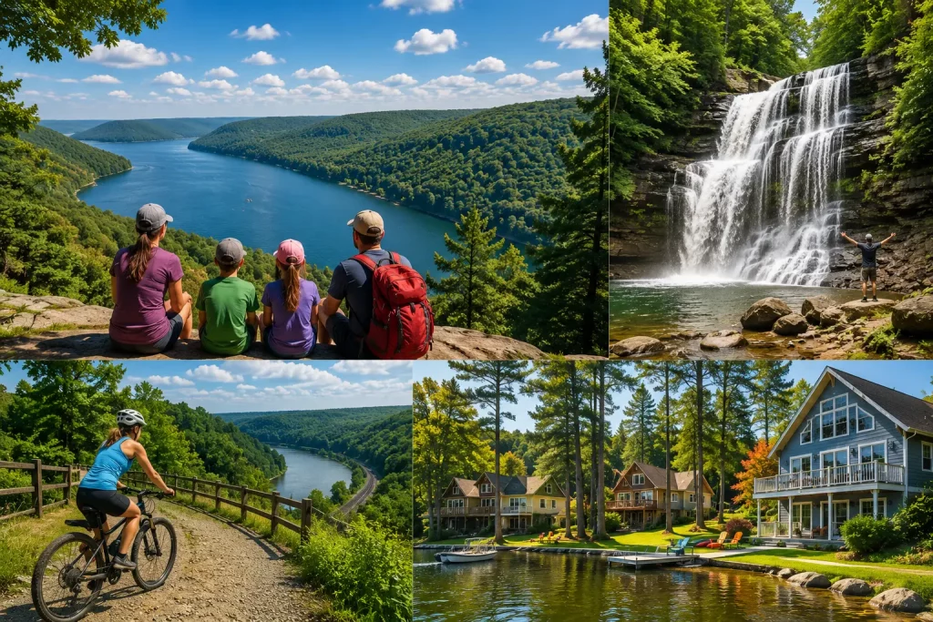 Collage of Poconos summer attractions featuring hiking, waterfalls, biking, lake views, and vacation homes.