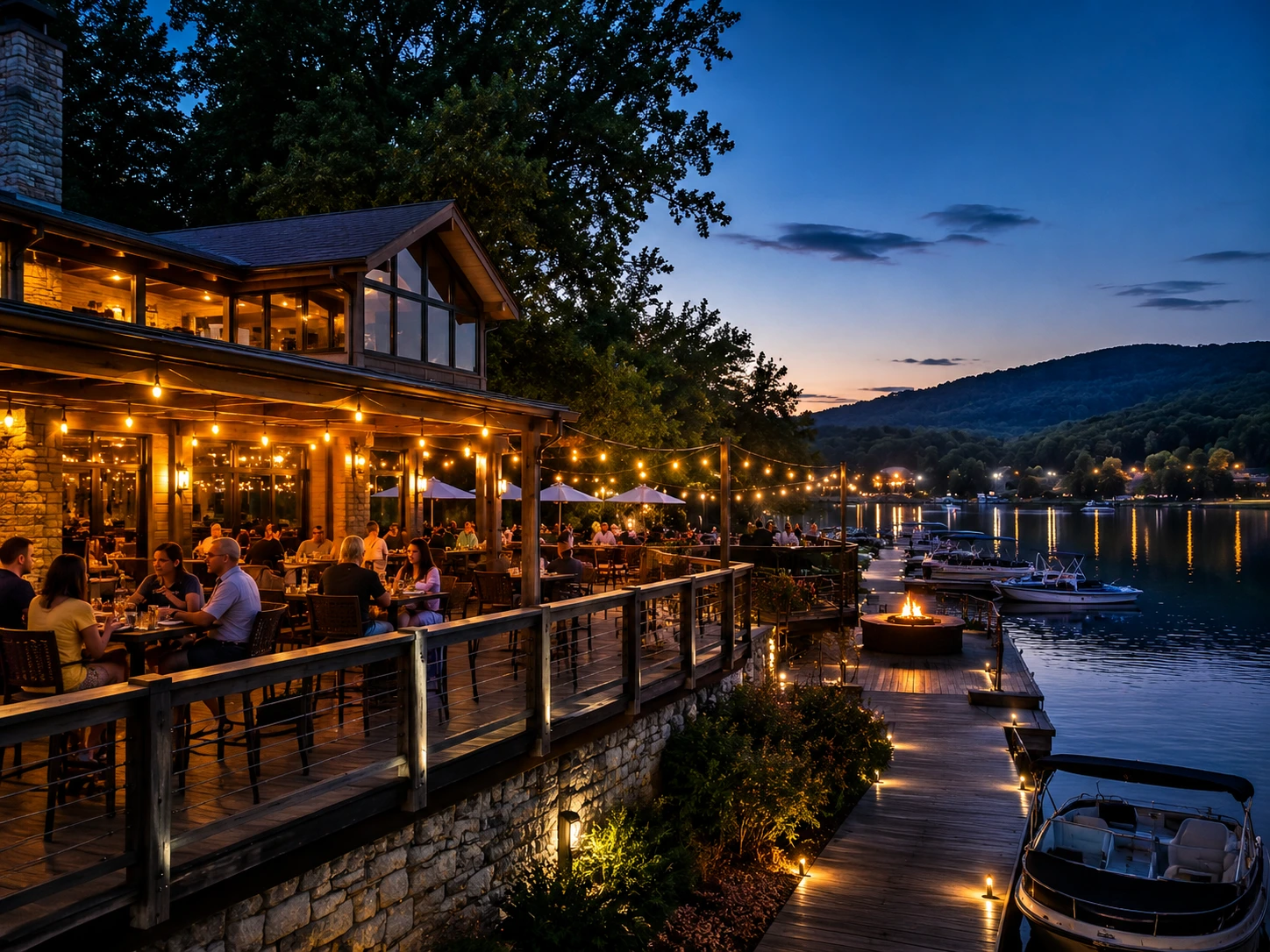 night view of a lakeside restaurant and live music venue in Lake Harmony with warm lights and a relaxing nightlife atmosphere.