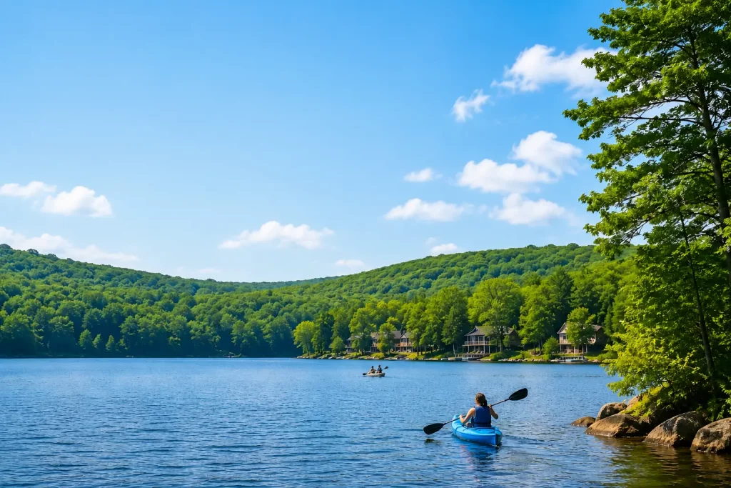 Family kayaking on a peaceful lake surrounded by lush green mountains in the Pocono Mountains during summer.