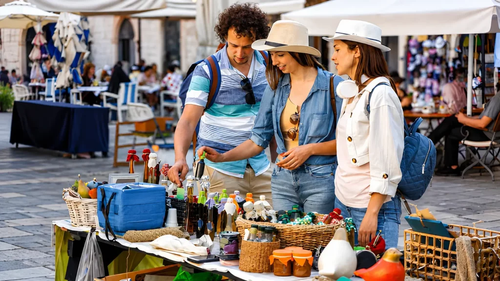 Visitors exploring artisan booths and handmade crafts