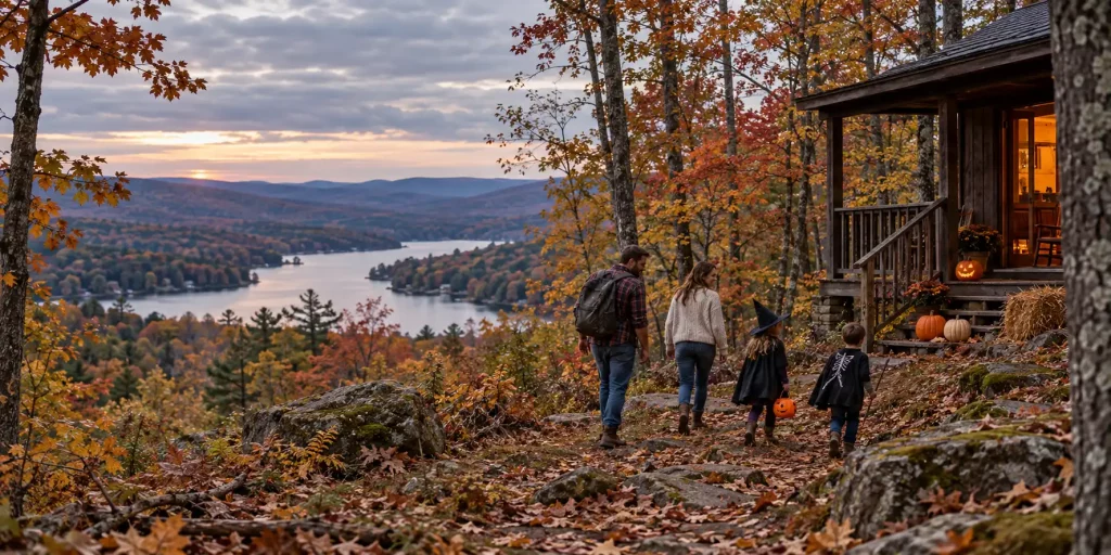 Family enjoying Halloween activities near a decorated cabin in the Pocono Mountains