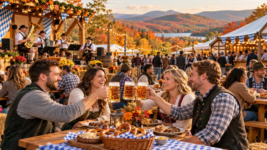 Visitors enjoying an outdoor Oktoberfest event surrounded by fall foliage in the Pocono Mountains.
