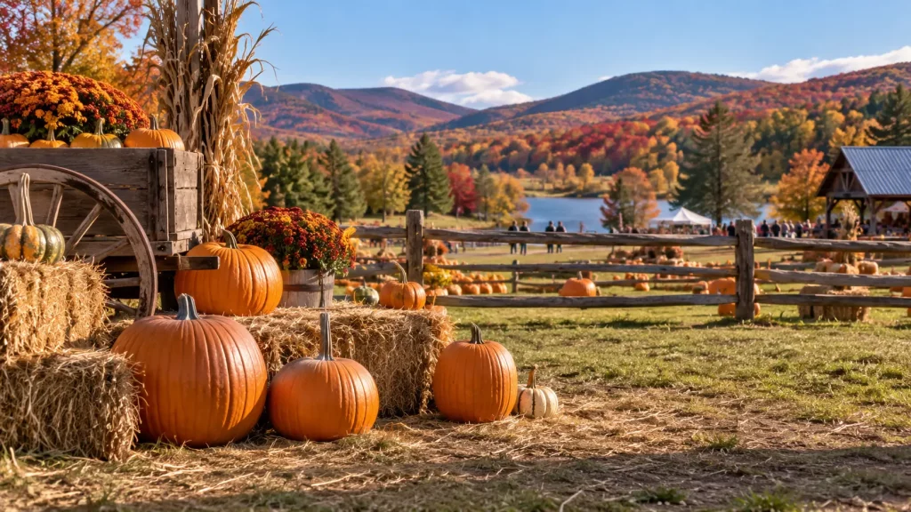 Pumpkin festival surrounded by colorful fall scenery in the Pocono Mountains