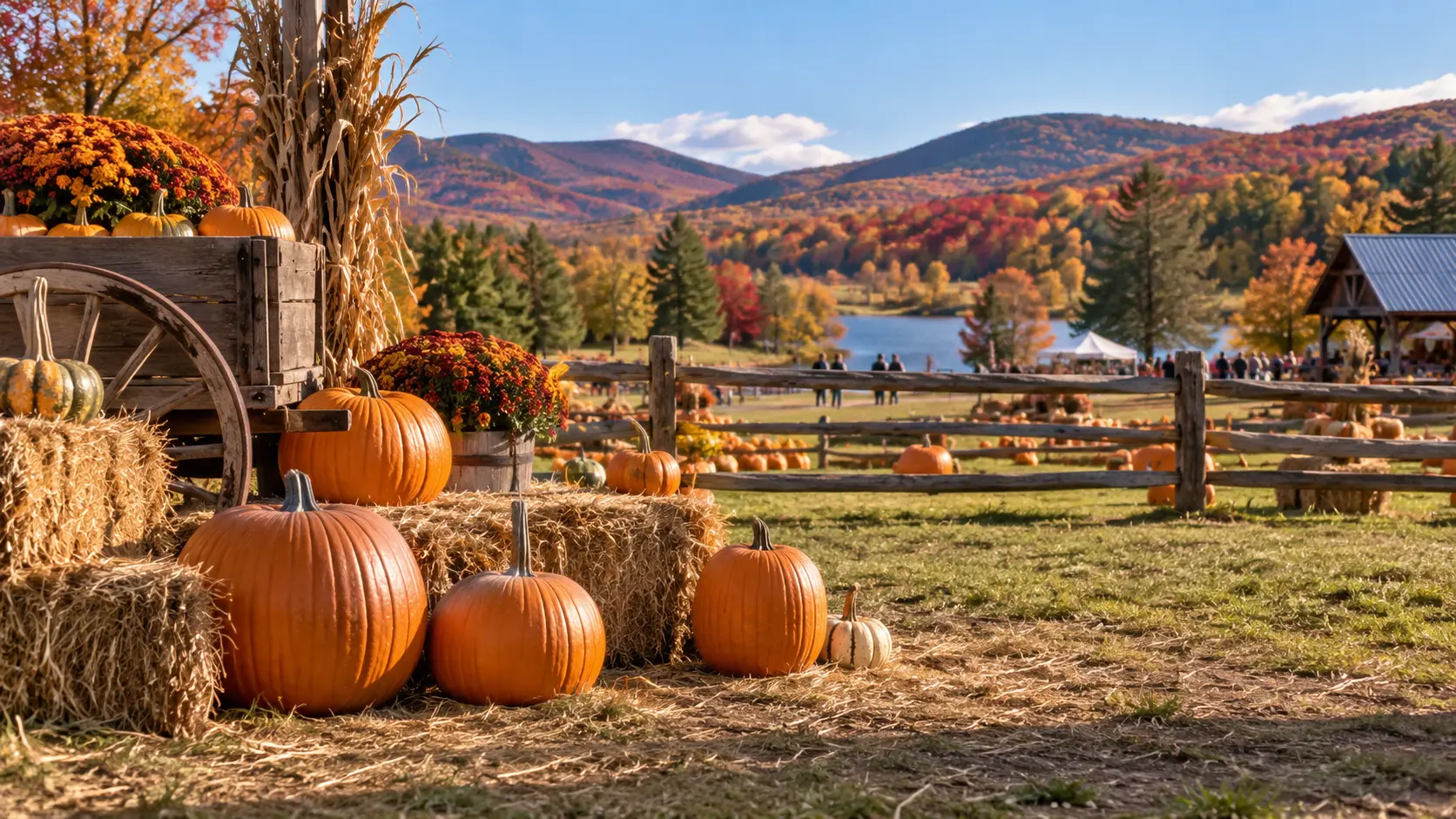 Pumpkin festival surrounded by colorful fall scenery in the Pocono Mountains